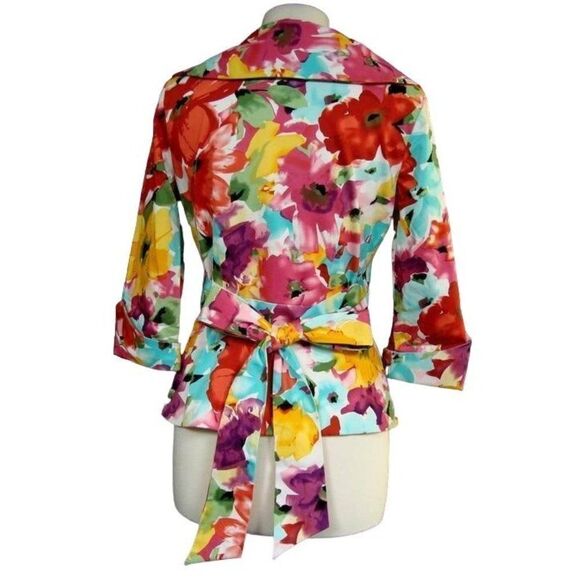 Donna Ricco Collection Sz 6 Front Wrap Tropical Floral Portrait Collar Top Artsy - Picture 6 of 10